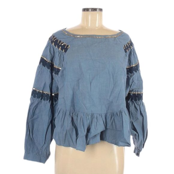 NWT Anthropologie RAGA Denim Sequin Balloon Sleeve Top M - Picture 1 of 7